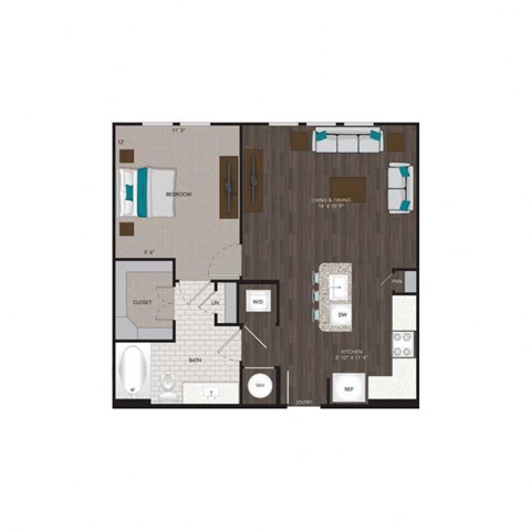 Floor plan for 1 bed, 1 bath, 728 sqft